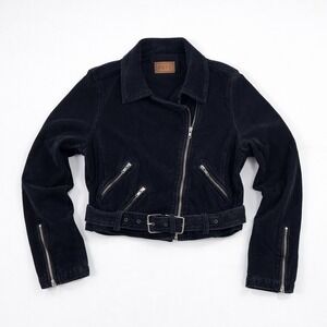 POL Women's Corduroy Zip Cropped Moto Jacket Black Size S Boho Indie Sleeze